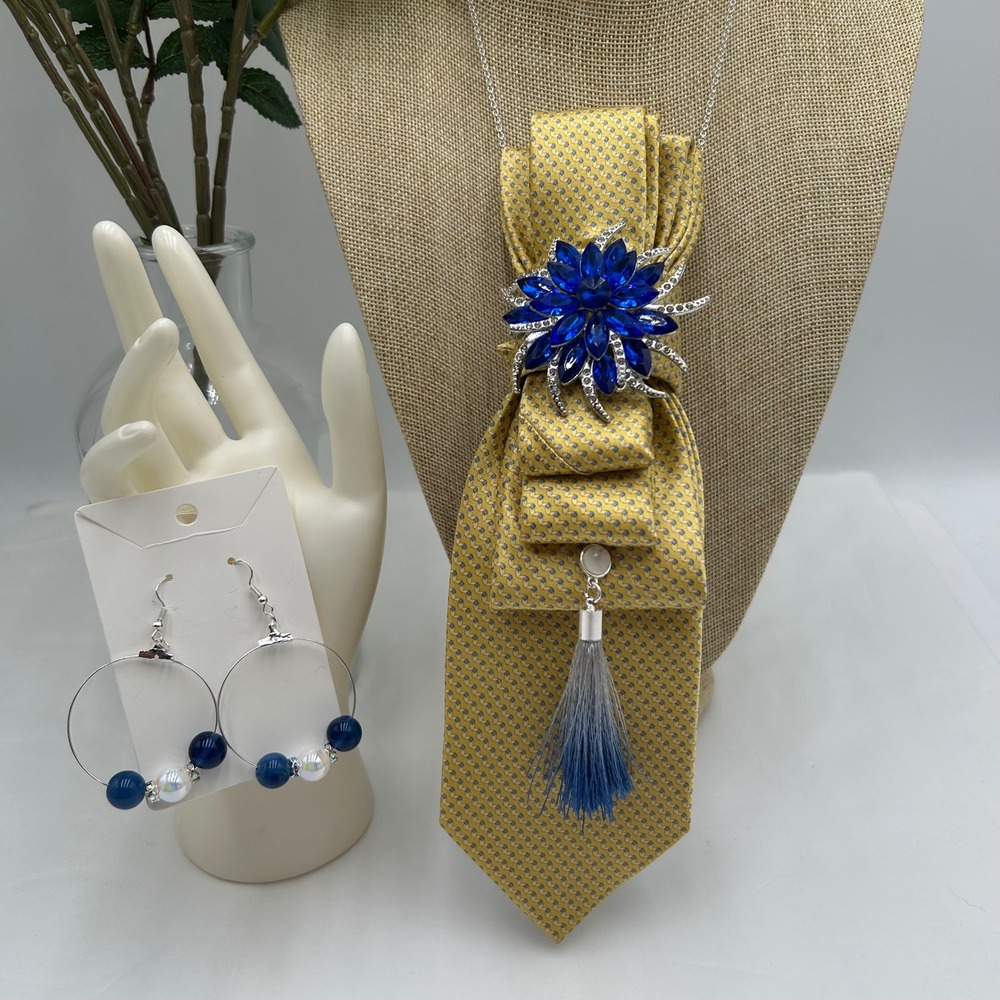 Michael Kors Upcycled Silk Tie Statement Necklace & Beaded Hoop Earring Set Blue - Picture 9 of 12